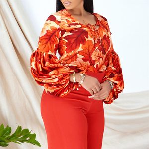 Plus size Dresses Size Pant Set for Women Orange Pirnt Blouse Shirt and Long Outfits 2023 Autumn Winter Elegant Club Party Two Piece 230919