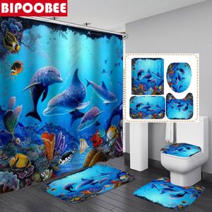 Duschgardiner Ocean Underwater World Glada Dolphin 3D -tryckning Vattentät duschdraperi med matta toalett täcker badmatta set badrumsdekor 230919