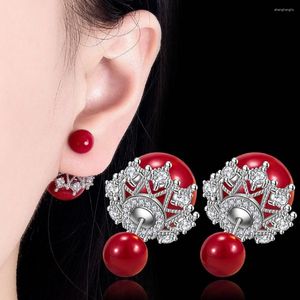 Ohrstecker DAYIN 925 Sterling Silber Frau Modeschmuck Hohe Qualität Einfache Kristall Zirkon Rot Runde Krone