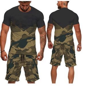 Männer Trainingsanzüge Männer Casual 2 stücke Set Camouflage Armee Grün Kurzarm T-shirt masculina Lose Taktische T-shirts Shorts Hosen Trainingsanzug set S-6XL 230920