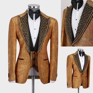 Altın Boncuk Damat Giyim Erkekler Düğün Tuxeods Pantolonlu Tepeli Kavan Ceket 3 Parçası İş Takım El Takas Parti Balo Kıyafetleri