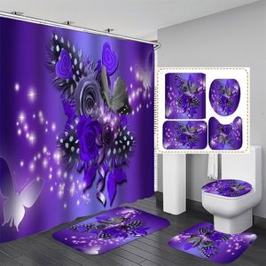 Shower Curtains Home Purple Flower Butterfly Waterproof Print Shower Curtain 4 Piece Carpet Cover Toilet Cover Bath Mat Pad Set Bathroom Curtain 230919