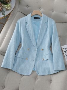 Women's Suits Blazer's Blazer Ladies Casual Autumn Winter Jacket Female Long Sleeve Button Decoration Pink Blue Apricot Plaid Coat 230920