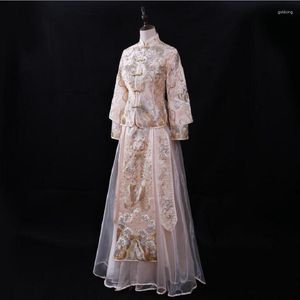 Ethnic Clothing Champagne Light Cheongsam Wedding Gown Summer Slim Bride Outdoor Traditional Chinese Style Dress Su Embroidery