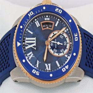 Высочайшее качество Diver W2CA0009 Синий циферблат и резиновый ремешок 42 мм Автоматические мужские спортивные наручные часы Мужские часы из розового золота 18 карат253q