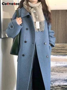 Kadın Ceketleri Cotvotee Uzun Yün Palto Kadınlar 2023 Sonbahar Kış Moda Vintage Sleeve Tutt Tatak Paltoları Gevşek 2 Cep 230920