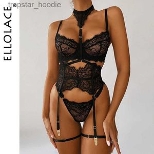 Sexig uppsättning ellolace underkläder Sexig underkläder 3-stycken transparent bra spetsdräkt sexigt strumpeband med strumpor kvinna erotisk intim l230920