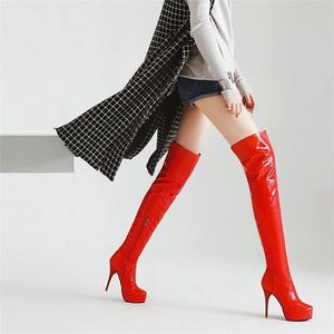 Botas moda coxa alta bota outono inverno sexy plataforma saltos sobre joelho fetiche vermelho branco sapatos mulher plus size 48 230920