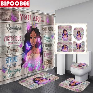 Duschvorhänge, sexy schwarzes Mädchen, rosa Schmetterling, Badezimmervorhänge, afroamerikanische Frauen, Duschvorhang-Set, Badematten, Teppiche, Toilettendeckelbezug 230920