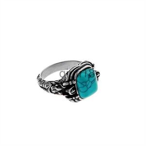 Band Rings Retro Turquoise Ring Men's Trendy Personality Engraving Titanium Steel Index Finger Thai Silver Fashion Street Jewelry x0920