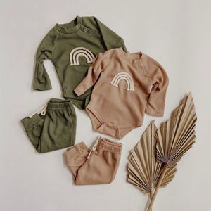 Clothing Sets Spring Infant born Baby Girls Boys 2Pcs Clothes Set 100% Cotton Rainbow Long Sleeve Pocket Bodysuits Pants Outfit 230919