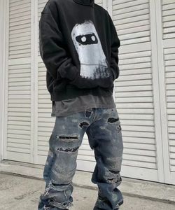 Sweatshirts Hoodies Mens Graffiti Doll Oversized US Size Vintage Fleece Men's Black Washed Hoodie High-Quality Tops Real Pics