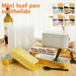 Conjuntos de louças 50/100pcs 200ml Muffin descartável Cheesecake Mini Loaf Baking Loaf Pans com tampas Folha de alumínio Assadeiras Ramadan Decoração 230920