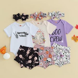 Conjuntos de roupas verão halloween infantil bebê meninas roupas carta impressão manga curta macacão e shorts bonito headband outfits 230919