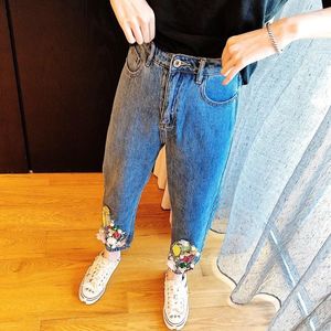 Jeans da donna Design da donna a vita alta dritto moda paillettes perline fiori vestibilità ampia pantaloni in denim di lusso pantaloni casual alla caviglia