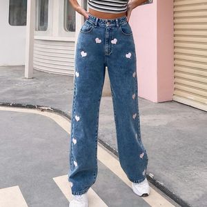 Women's Jeans High-Waist Love Printing Casual Long Pants Offers Straight Tube Denim Trousers Ladies Clothing