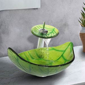 Bathroom tempered glass sink handcraft counter top leaf-shaped basin wash basins cloakroom shampoo vessel DF1237