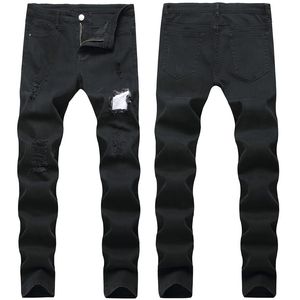 Sıska erkek siyah kot pantolon yırtık kot pantolon streç ince fit denim bisikletçisi kot hip hop erkek sokak kıyafeti 1377#317d