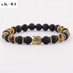 OIQUEI nouvelle mode hommes Bracelets en pierre de lave et pierre d'oeil de tigre naturel et tête de bouddha de lave perle Bracelets porte-bonheur Gif305F