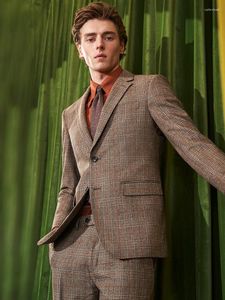 Men's Suits 50% Merino Wool Brown Plaid Slim Fit Blazer Vest Pant Casual Wedding Groom Formal Wear Businessman Autumn Winter Clothing Sale