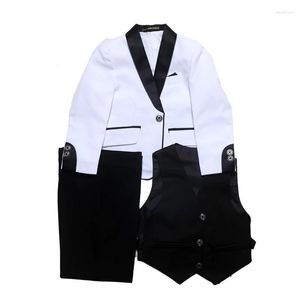 Męskie garnitury formalne garnitur dla chłopców Party Gospodarz Wedding Costume Biały pojedynczy guzik z czarnym szalonym klapą i kamizelkami 3 sztuki