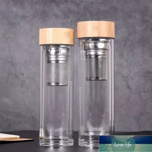 Fashion 450ml Bamboo Lid Water Cups Double Walled Glass Tea Tumbler With Strainer And Infuser Basket Glass Water Bottles