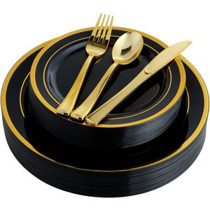 Disposable Dinnerware Black Plastic Plates with Gold Rim Disposable Plastic Silverware - Disposable Party Dinnerware Set Tableware for Wedding Paries 230920