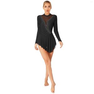 Stage Wear Womens Rhinestone Ballet Dance Dress Long Sleeve Mesh Splice Figure Skating Gymnastics Leotard Competition Performance Costumes