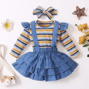 Clothing Sets 3Pcs Baby Girl Skirt Dress Set Infant Kids Striped Romper Ruffle Denim Suspender Skirts born Clothes 230919