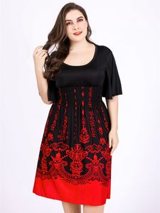 Plus Size Dresse Kleider Größe 5XL 6XL Sommer Damen V-Ausschnitt Halbarm Hohe Taille Lässiges Midikleid Blumendruck Tunika Party 230920