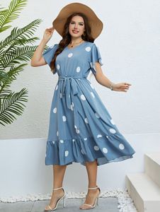 Plus size vestidos aline tamanho pulôver elegante azul verão vneck cinta cintura emagrecimento vestido mulher sedosa bolinhas impressão midi 230920