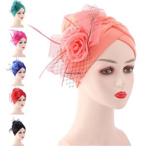 Nya kvinnor blommor turban ruffles veckade näthinn hatt muslimska hijab bröllopsfest huvudduk afrikansk huvud halsduk wrap cap cover