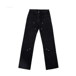 High Street Fashion Brand Vibe Wind Rivet Design Double Knee Spliced Wooden Pants Straight Tube Loose Fit Jeans70ke