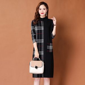 2023 Büro Dame Plaid Pullover Kleid Herbst Winter Langarm Urlaub Party Kontrast Farbe Strickpullover Kleid Frauen Designer O-ansatz Slim Fit Stilvolle Midi Kleider