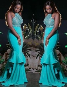 Evening Dresses Plus Size Prom Party Gown Mermaid Formal Elastic Satin New Custom Lace Up Zipper High Neck Sleeveless Beaded