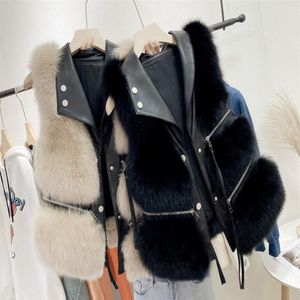 2020 new design women's turn down collar PU leather patchwork faux fur zipper decoration sleeveless short vest coat casacos2336