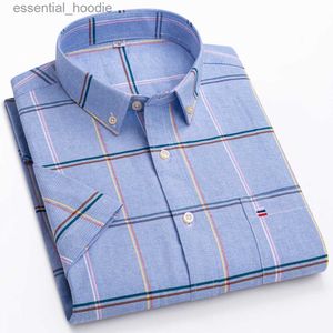 Camisas masculinas verão casual manga curta 100% algodão fino camisa oxford único remendo bolso padrão-ajuste botão-para baixo xadrez camisas listradas L230921
