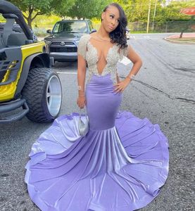 Abiti da sera Velluto Lavanda Prom Abito da festa Sirena Formale Nuova illusione Personalizzato Taglie forti Cerniera con lacci Manica lunga Scoop Argento Applique in rilievo