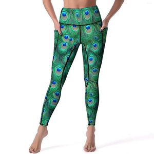 Women's Leggings Fancy Peacock Feathers Sexy Animal Print Workout Yoga Pants Push Up Stretchy Sports Tights With Pockets Pattern Leggins