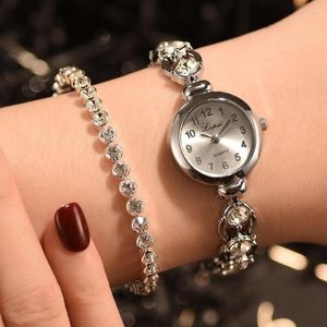 Relógios de pulso moda feminina e relógio de quartzo requintado com pulseira 2 pçs/set tira de aço de luxo cheio de diamante