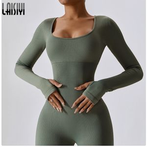 Kvinnors jumpsuits Rompers Laisiyi Fitness Jumpsuits Autumn Overalls For Women Sexig Bodycon PlaySuit Square Neck Long Sleeve Rompers Female Slim Sportwear 230920