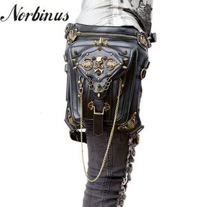 Bel çantaları norbinus kafatası retro retro rock gotik omuz messenger erkek kadınlar deri fanny paketi kılıf damla bacak kemer çantası 230920