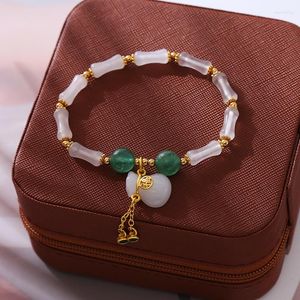 Charm Bracelets Minar Chinese Style 14K Gold Plated Brass Green Color Natural Stone Jade Bamboo Joint Lucky Bag For Women Gift