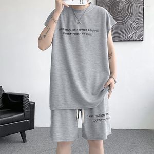 Herrespår Fashion Casual Loose Bekväma uppsättningar runda hals västar capris streetwear manliga fasta bokstäver kramade tvådelar M-5xl