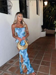 Sukienki swobodne Summer Blue Print Camisole Long Dress Event For Women 2023 Bez rękawów bez pleców Maxi Vacation Beach