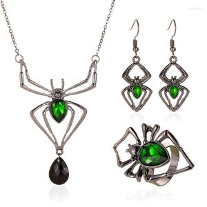 Collana e orecchini Set ZOSHI Punk Gioielli di Halloween per donna Anello ragno in cristallo verde retrò esagerato