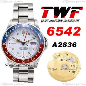TWF 6542 Vintage GMT A2836 Otomatik Erkekler İzle 38mm Pepsi Çember Beyaz Çubuk Arama Kırmızı Takvim Oystersteel Paslanmaz Çelik Bracele256L