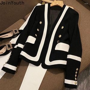 여자 정장 여성 의류 기질 재킷 이중 가슴 V- 넥 튜닉 아웃복 사무실 숙녀 대비 컬러 두꺼운 한국 코트 7L603