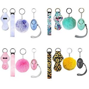 4-stycken T Fashion Defense Keychains Set Pompom Alarm Keychain Lipstick Holder and Admband för kvinnliga män Självförsvar Keyring275T