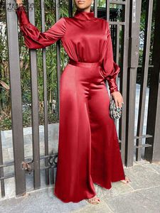 Kvinnors jumpsuits Rompers Zanzea Satin Cinched High midje Jumpsuit Women 2023 Fashion Streetwear Turtleneck Långärmning Lång romper Wide Leg Pants L230921